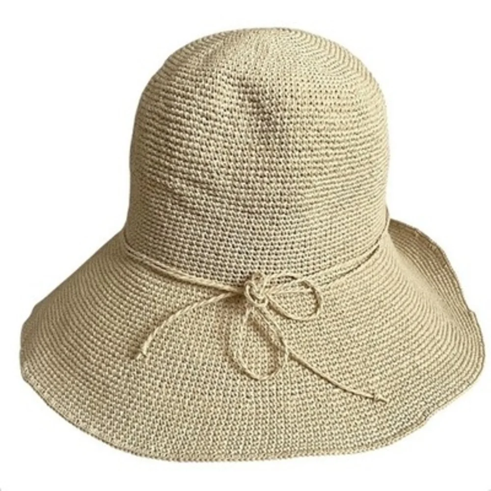 Crochet Raffia Look Wide Brim Bucket Sun Hat Packable Natural Tan 100% Paper VG